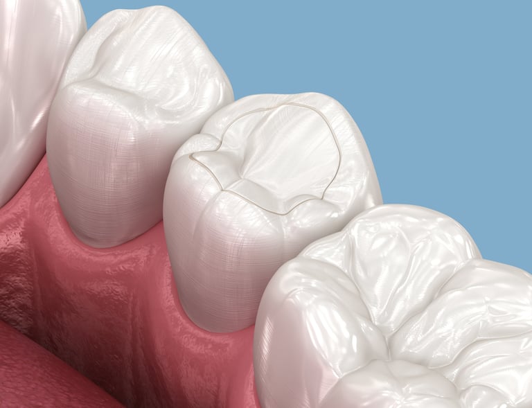 Toth restoration with filling. 3D illustration showing dental treatment.