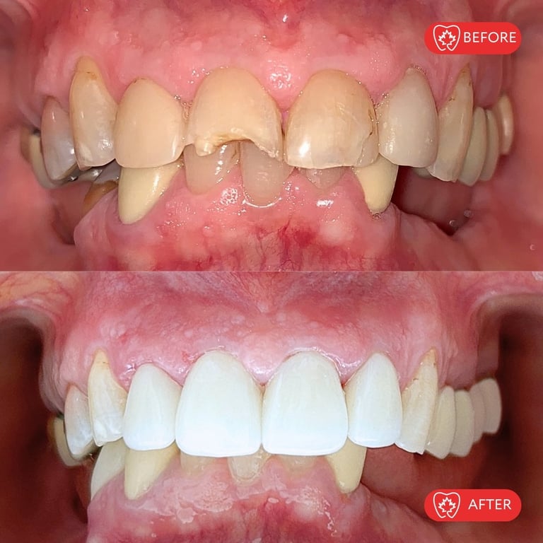 Before and after dental restoration showing discolored, damaged upper front teeth transformed into bright white, uniform teeth