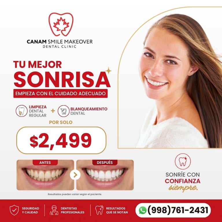 Dental clinic advertisement for smile makeover featuring before and after teeth whitening results, priced at $2,499