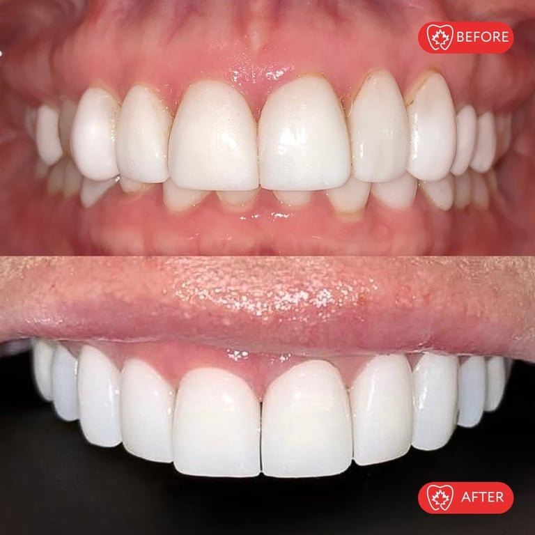 Before and after dental comparison showing tooth whitening and cosmetic dental work results