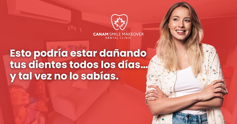 Woman in white top smiling at camera with CANAM Smile Makeover logo and Spanish text about teeth whitening on red background