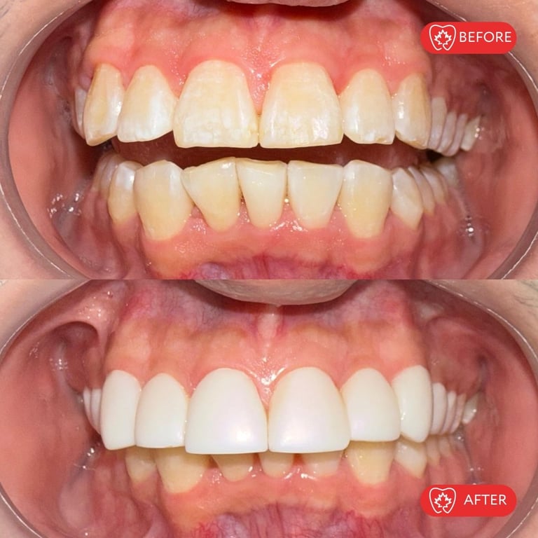 Before and after dental whitening comparison showing yellowed teeth transformed to bright white teeth
